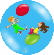 Dessin : Atmo et son amie flotte dans l'air grace à des ballons